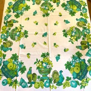 MID CENTURY 1960's Vintage Tablecloth Roosters Fruits Pottery Grapes Cherries +